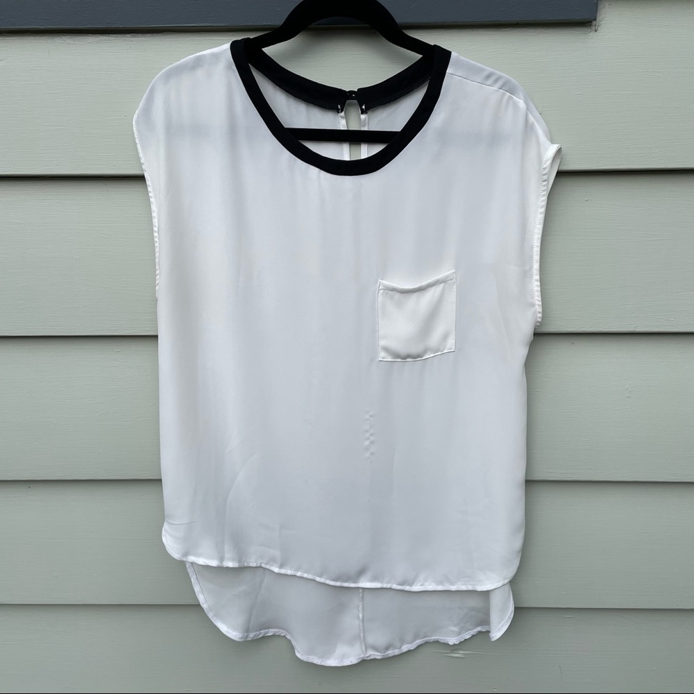 Chic Black and White Sheer Hi Lo Blouse Large